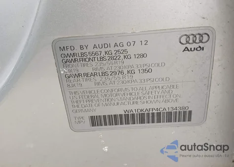 2012 Audi Q5 3.2 Premium Plus z USA, uszkodzony, nr VIN WA1DKAFP4CA134380